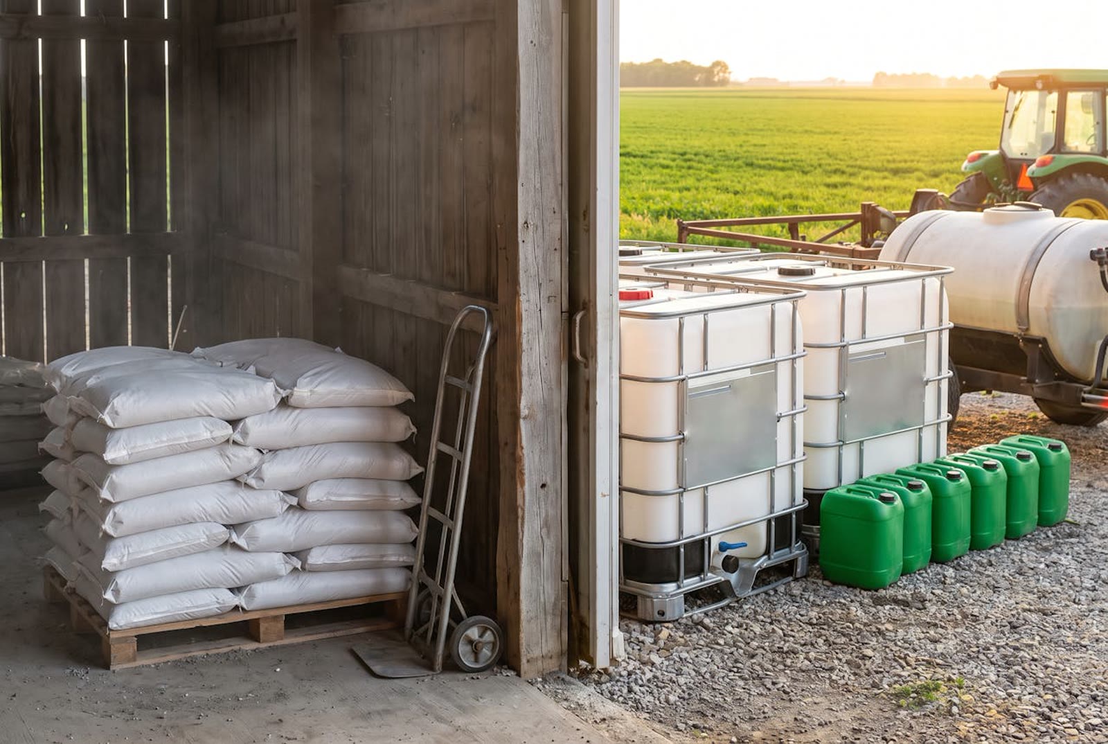 Split scene: pallet of dry fertilizer bags in a dim shed on the left, liquid totes and jugs beside a sprayer in golden light on the right