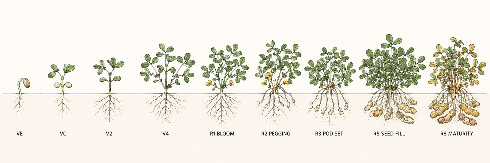 Peanut growth stages from emergence through maturity