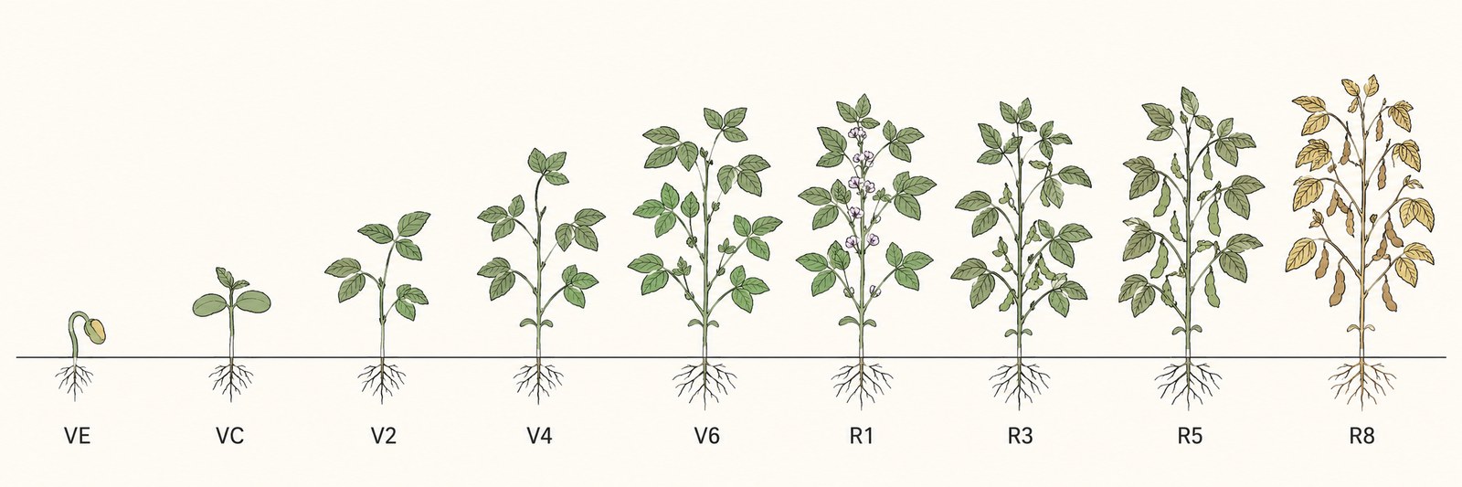 Soybeans growth stages from emergence through maturity