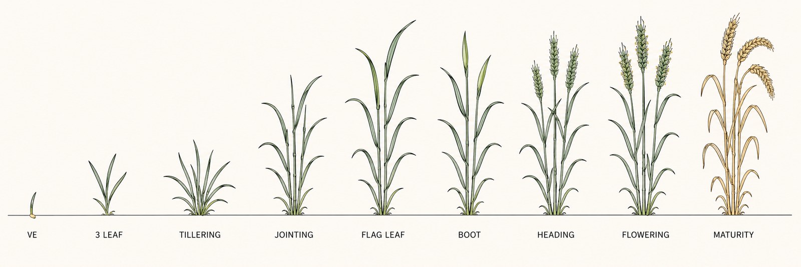 Wheat growth stages from emergence through maturity