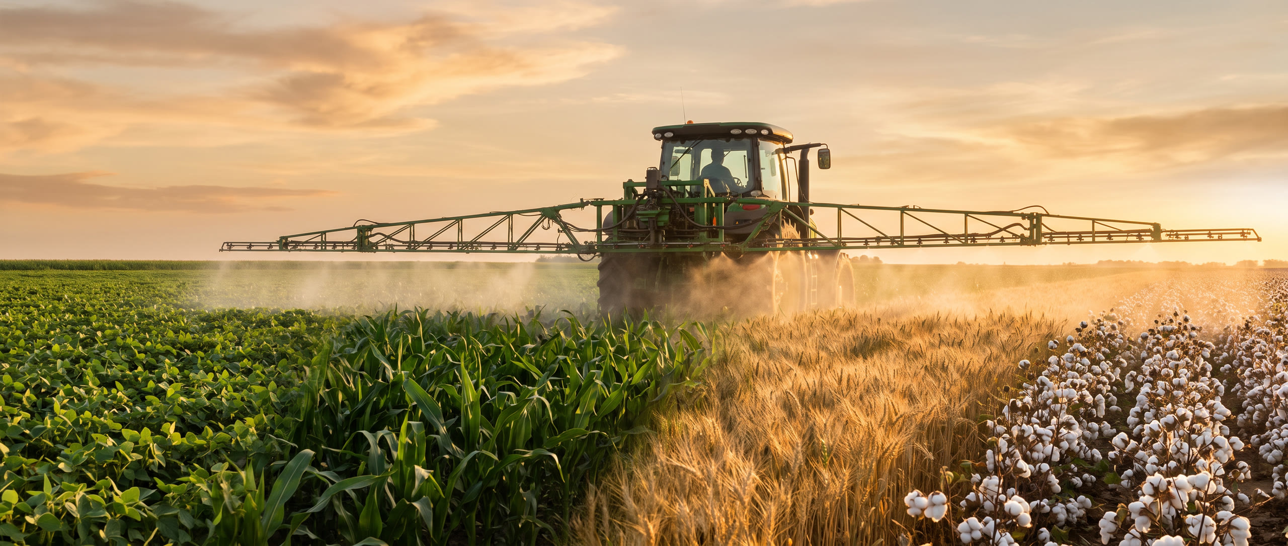 Sprayer with booms extended misting a field at sunset, the field changing from soybeans to corn to wheat to cotton across the frame