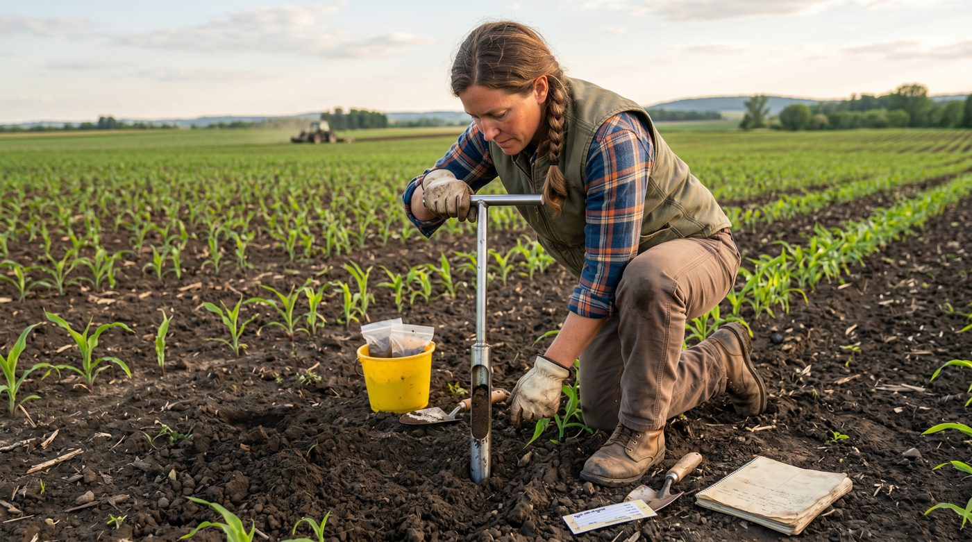 Farmer kneeling in a young cornfield pulling a core with a soil probe