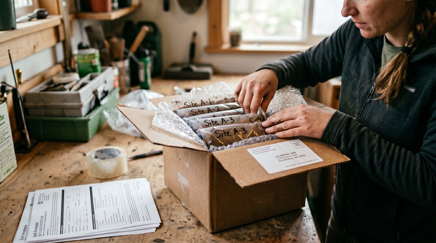Labeled soil sample bags packed into a box to mail to the lab