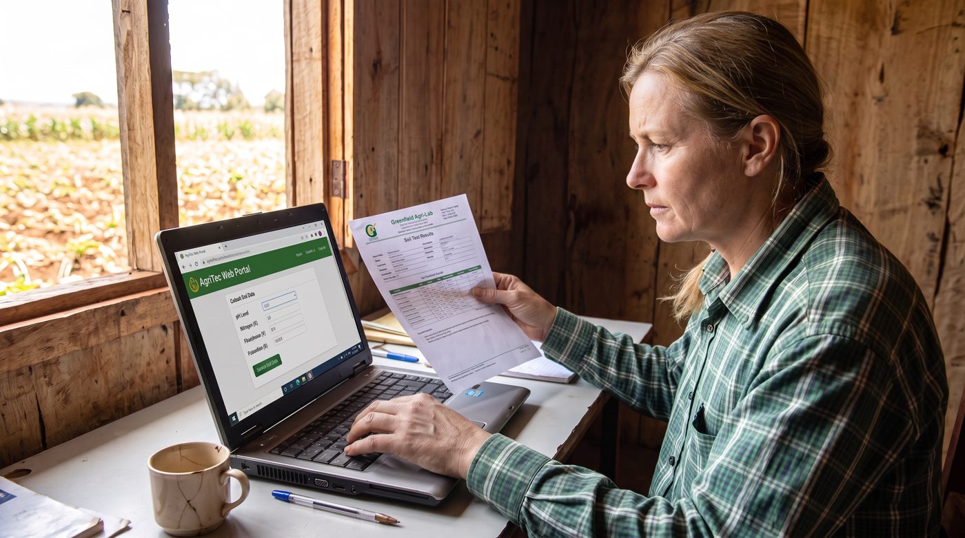 Grower at a laptop uploading her soil test report to the AgriTec portal